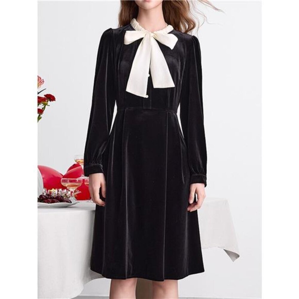 Velvet Bowknot Long Sleeve A-Line Dress